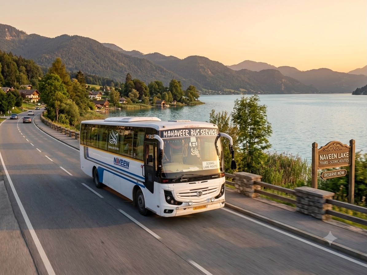 Coach cruising along a scenic lakeside road at sunset