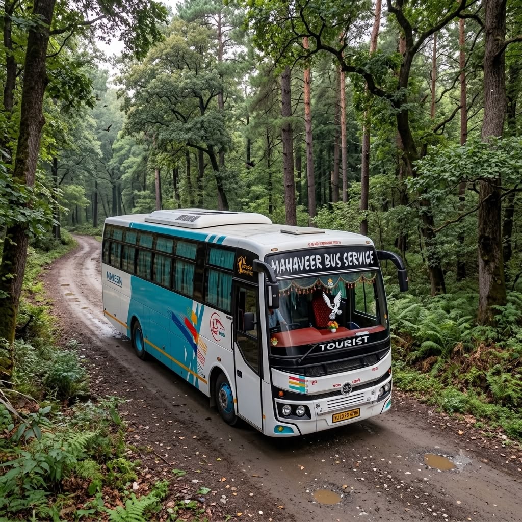 Tourist coach on a forest road