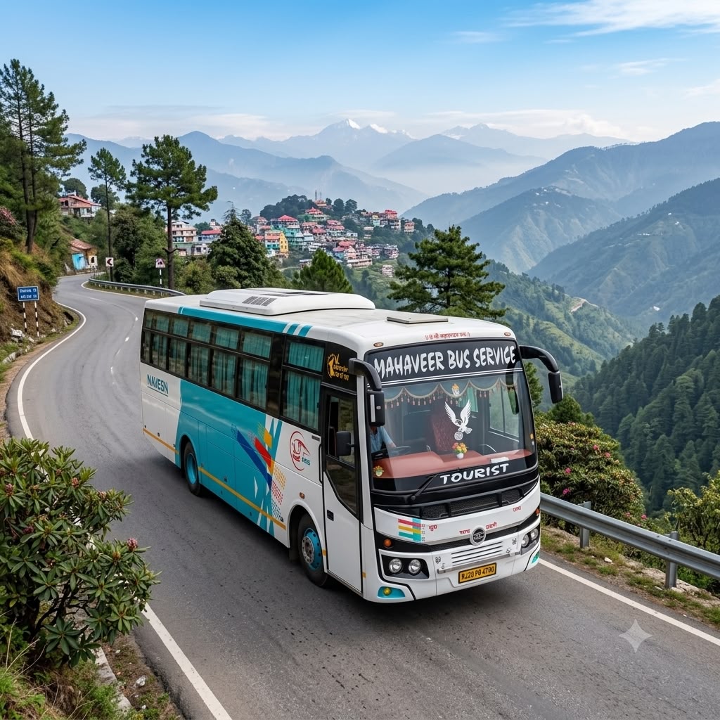 Tourist coach winding through a hill road with mountain views