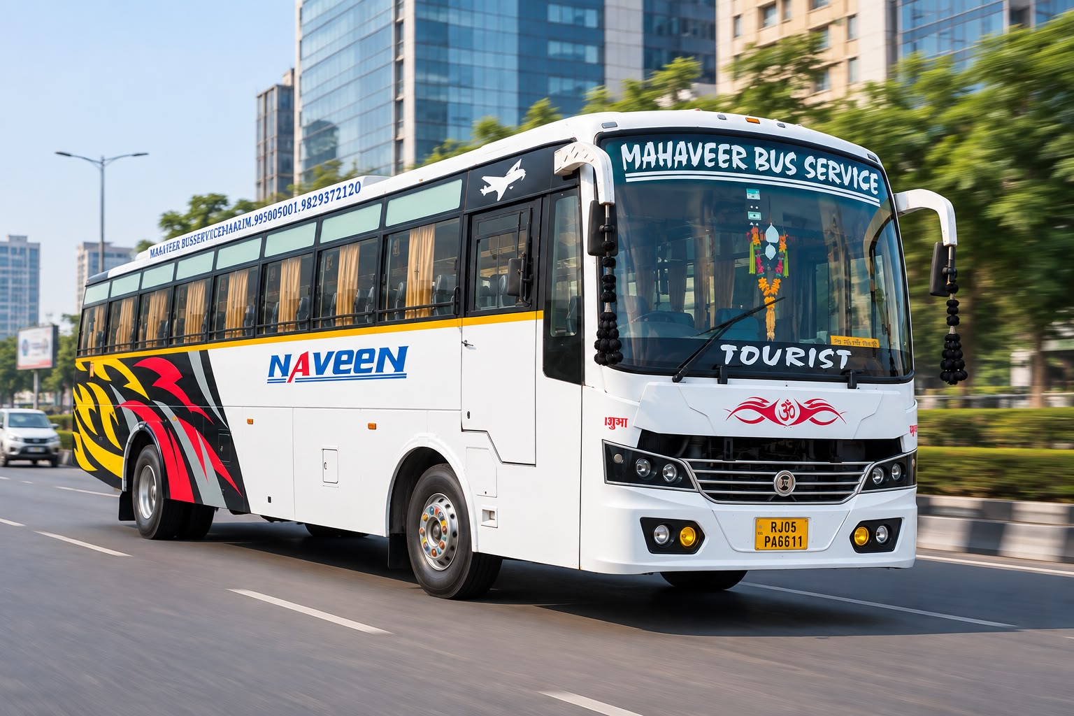 Tourist coach passing through the city