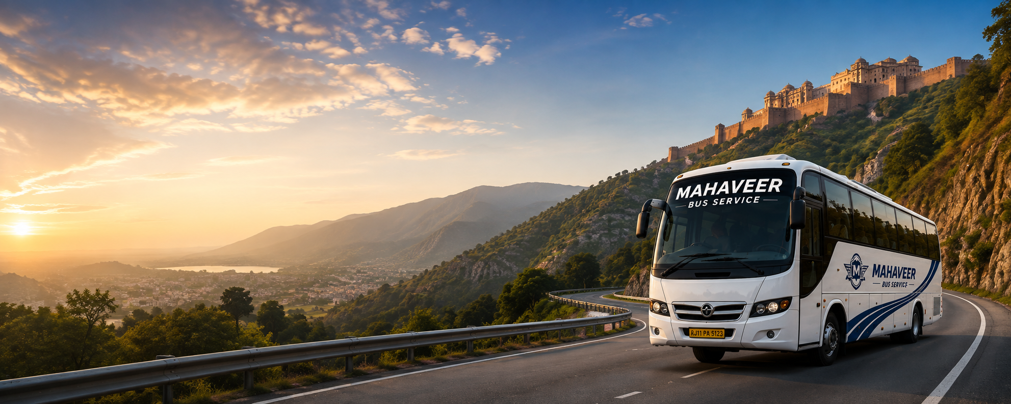Mahaveer Bus Service coach on a mountain highway